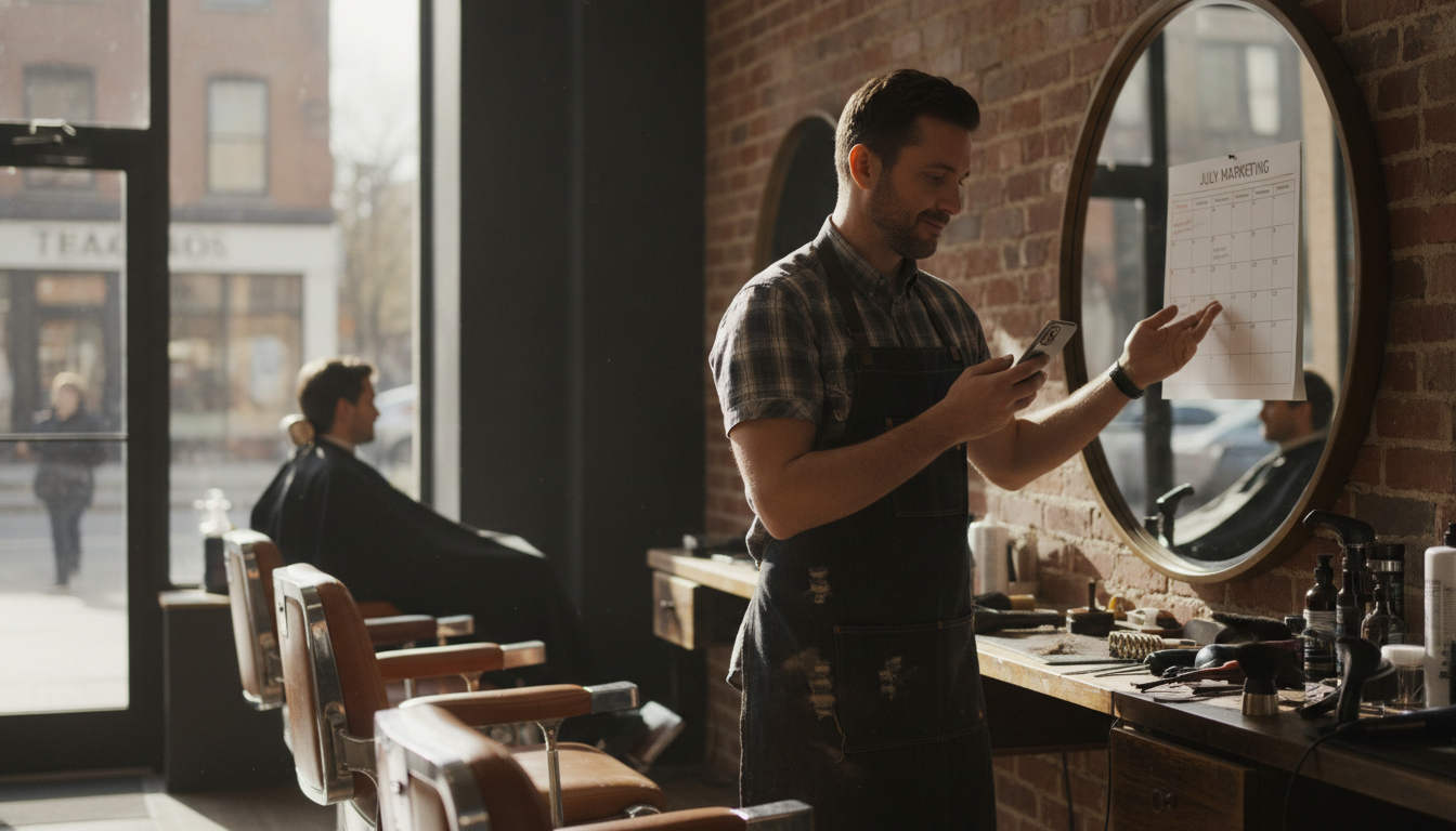 Barbershop owner reviewing a forward marketing calendar between client appointments