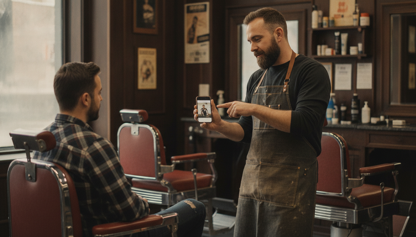 Barbershop owner discussing a customer concern directly and calmly in his shop
