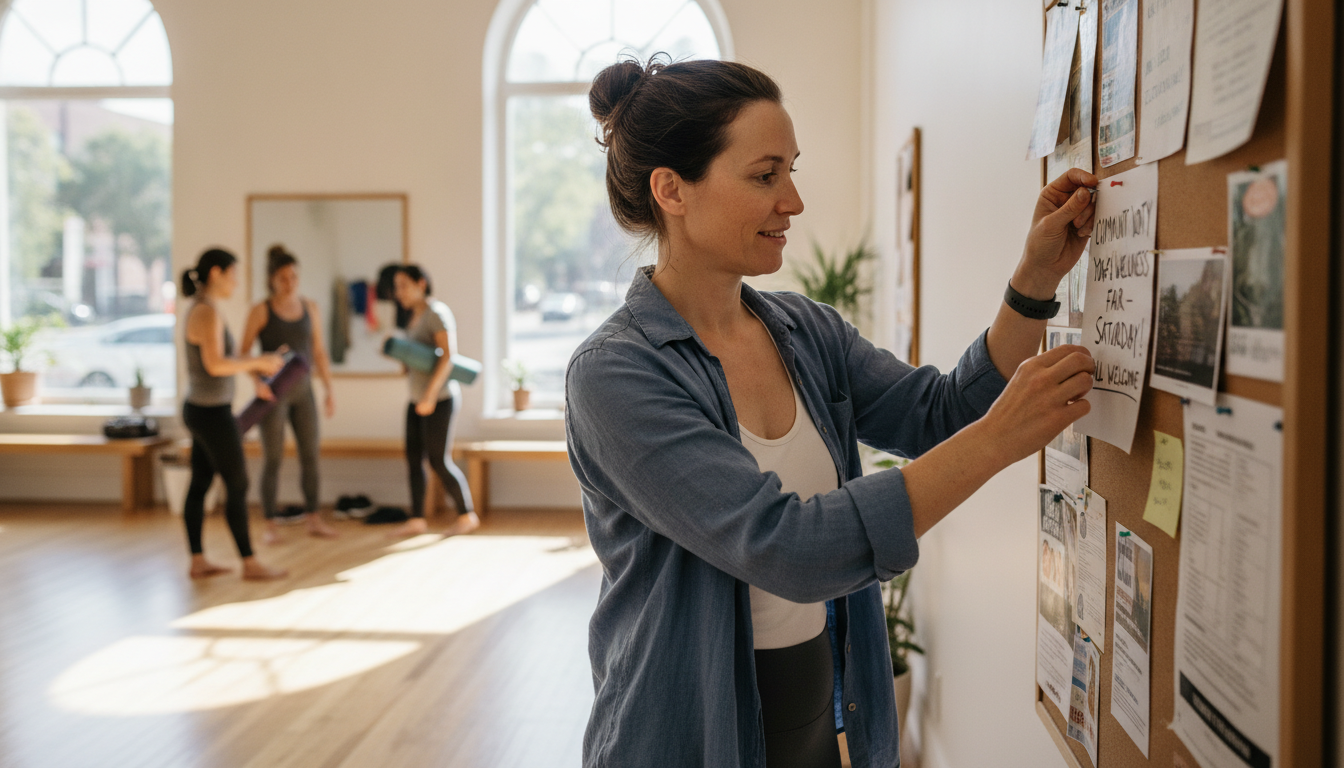 A yoga studio owner planning a hyperlocal community campaign at her neighbourhood studio