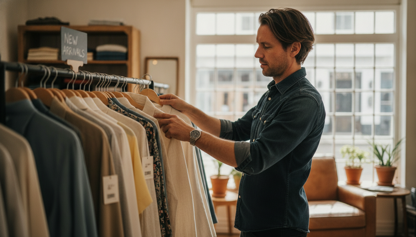 Boutique retail owner sorting new stock in the quiet period after a seasonal sales rush