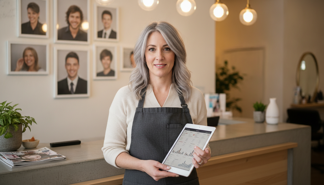 Hair salon owner reviewing customer loyalty and booking data on a tablet at her reception desk