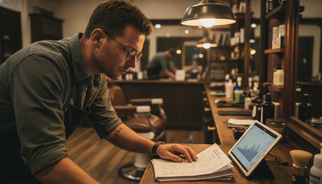 Barbershop owner reviewing customer visit data to segment his seasonal promotion audience