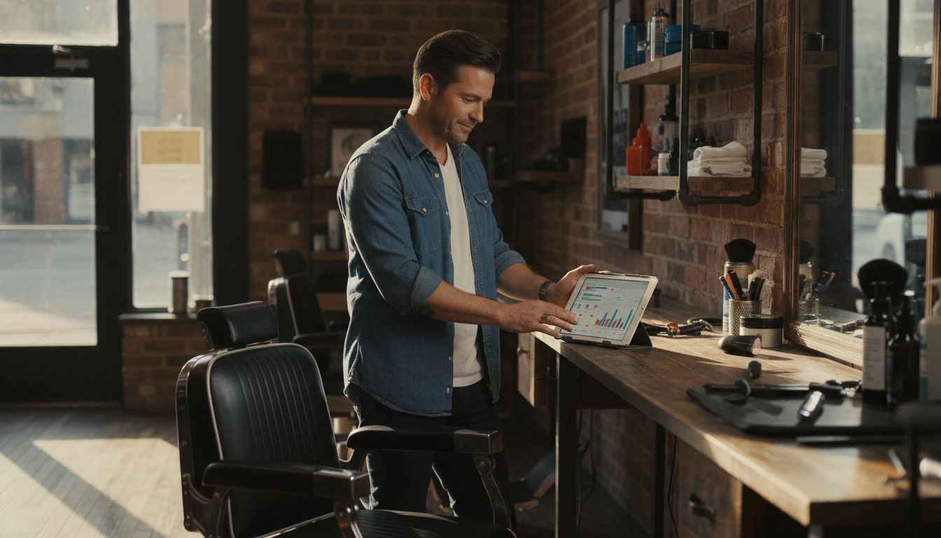 Barbershop owner reviewing social media performance analytics on a tablet in his shop