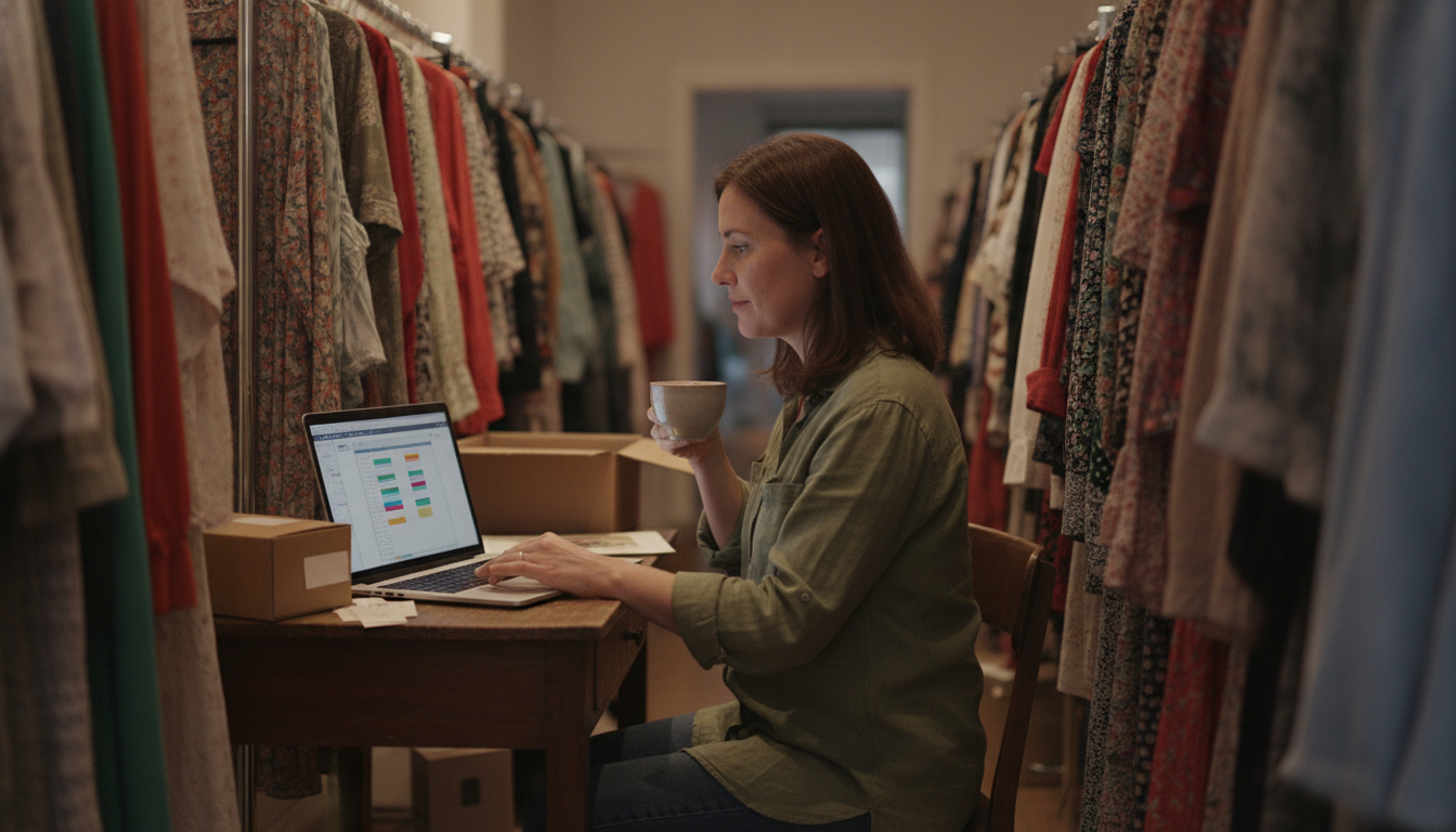 Boutique owner scheduling her week's marketing content from a back-office desk
