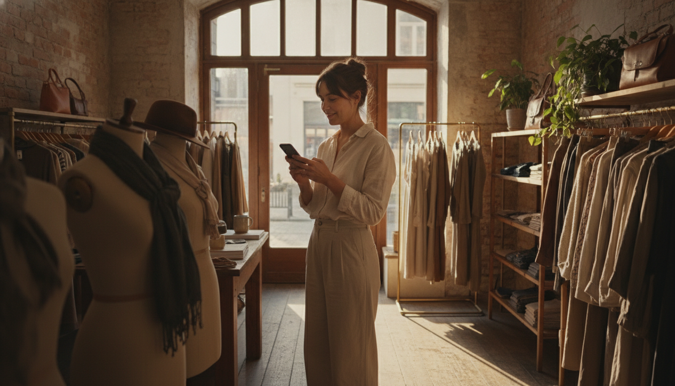 A boutique clothing store owner reviewing content on her phone inside her shop