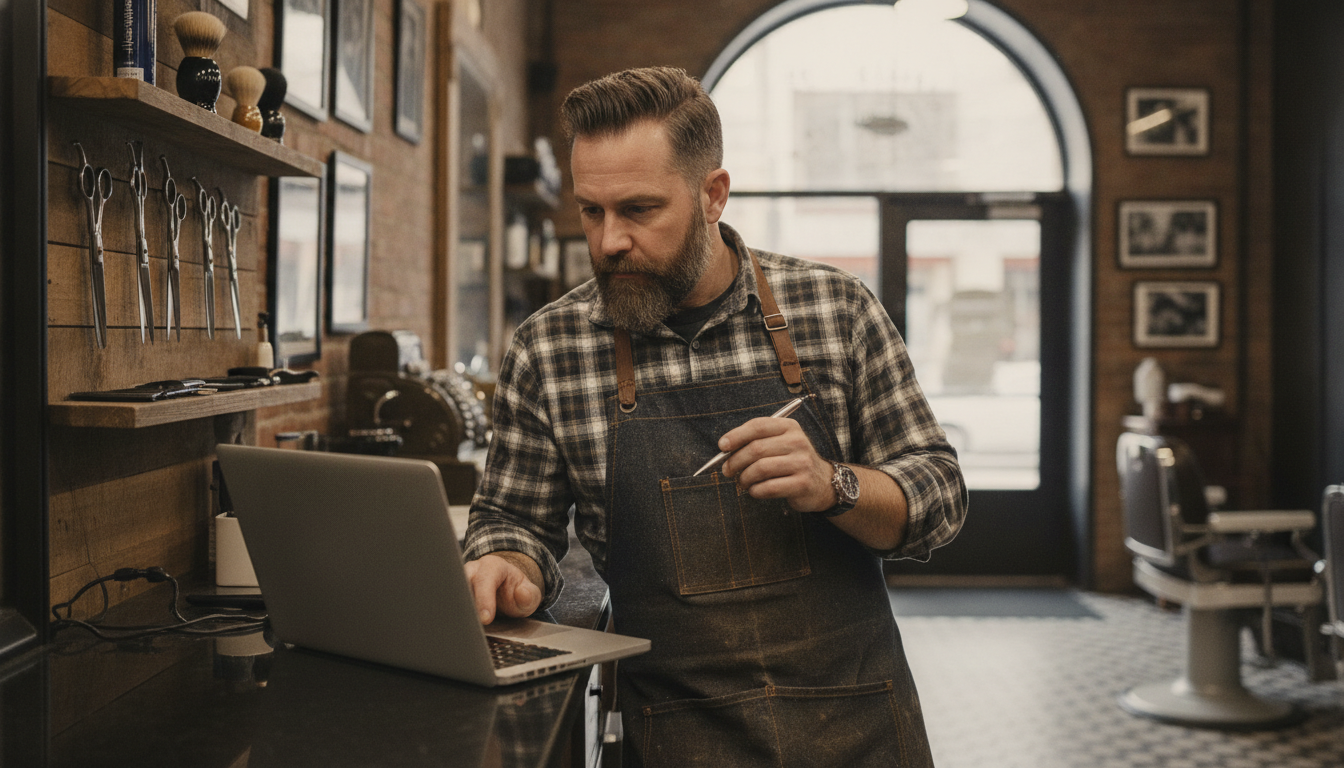 Barbershop owner reviewing customer visit data on a laptop between appointments