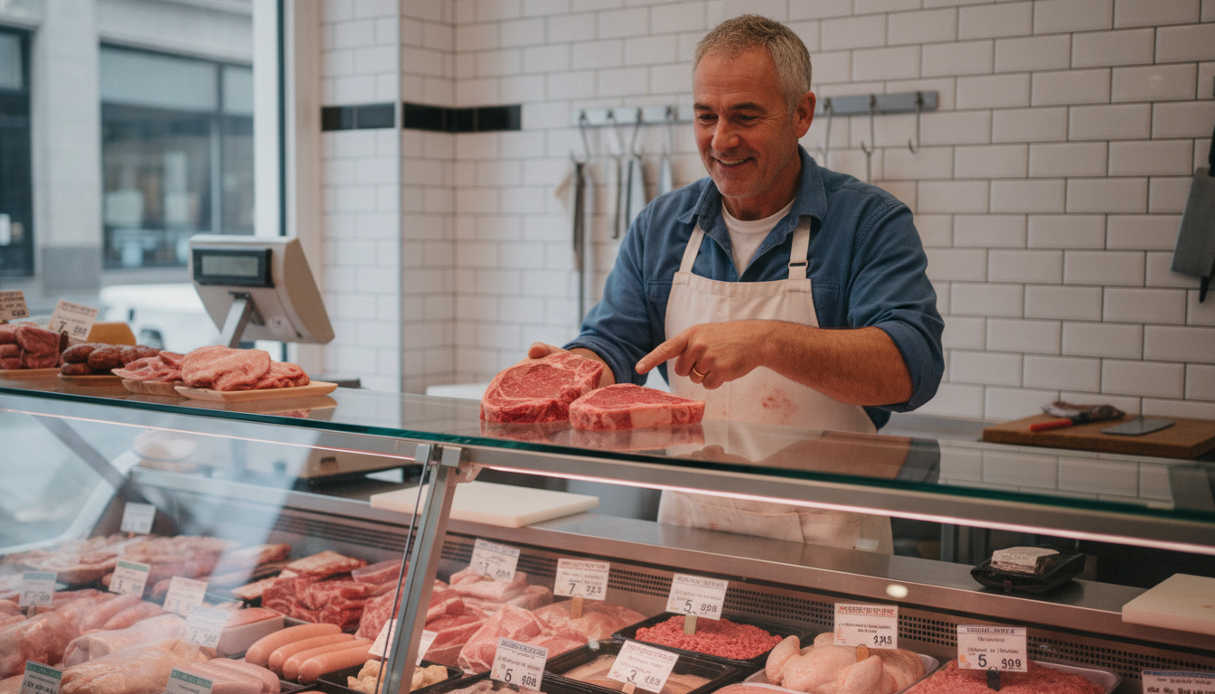 A butcher explaining product combinations to a customer across a glass display counter