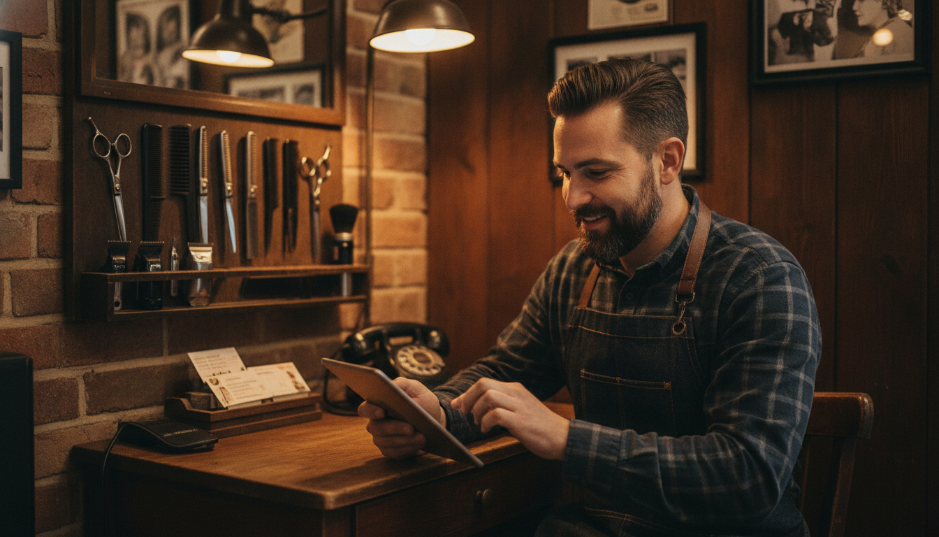 Barbershop owner reviewing customer records on a tablet in his shop