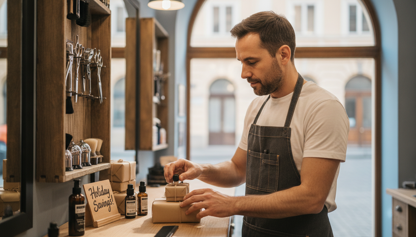 A barbershop owner preparing a seasonal promotion display in his shop
