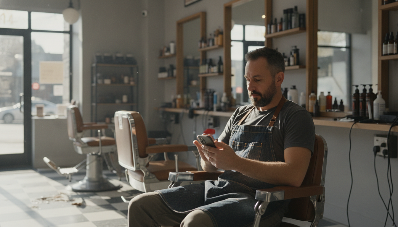 Barbershop owner reviewing POS transaction data on his phone during a slow morning shift