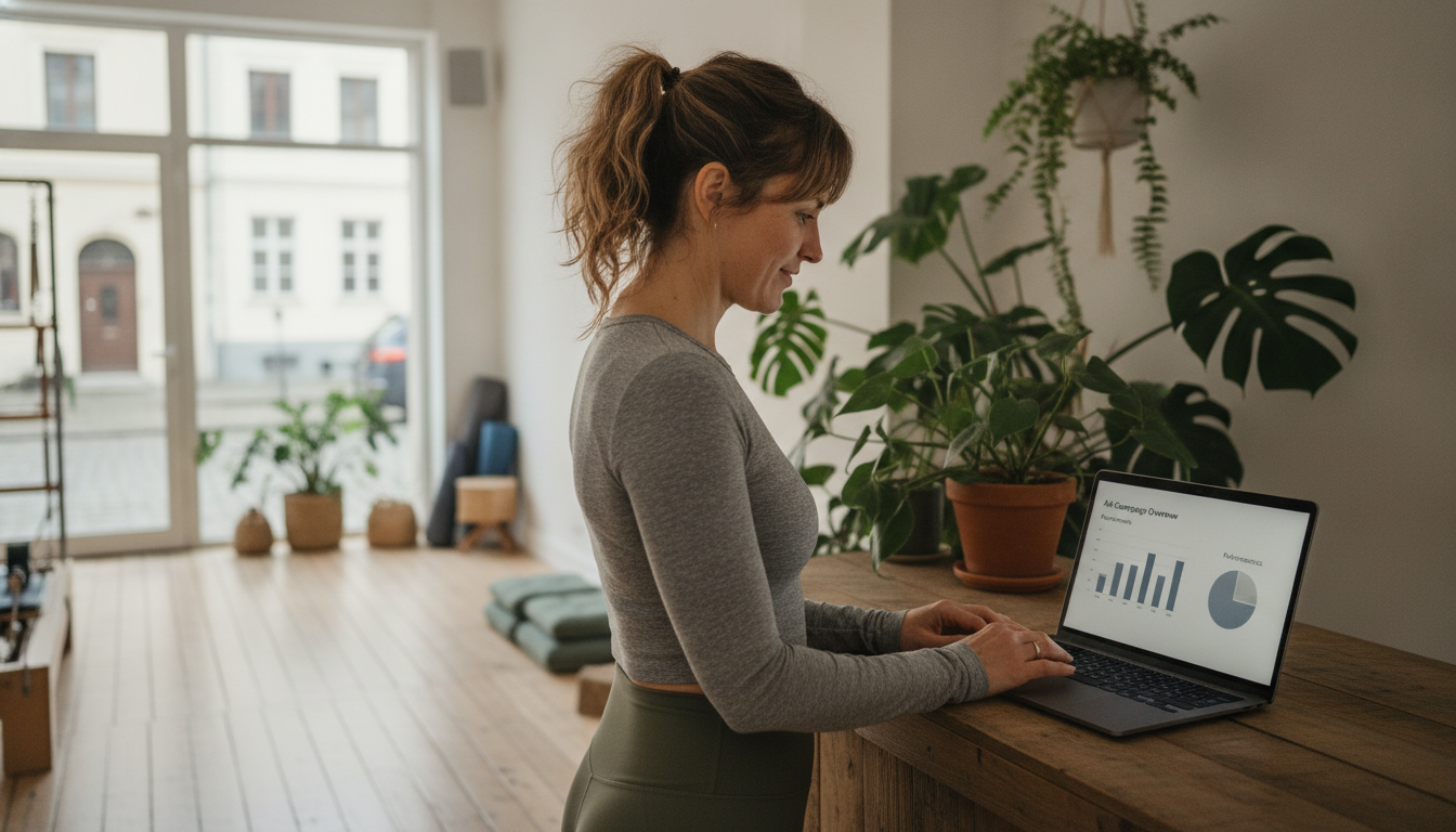 Yoga studio owner reviewing ad campaign performance on her laptop at the front desk