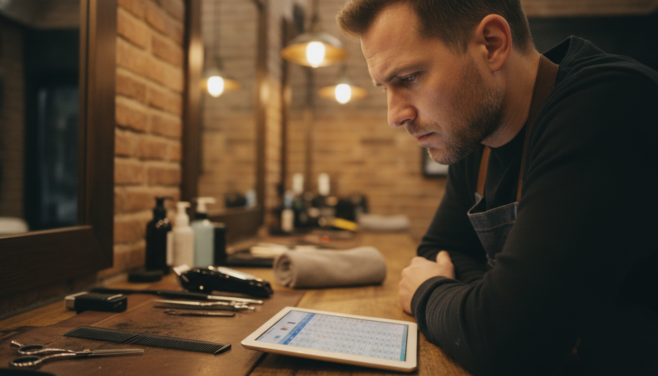 A barbershop owner reviewing his weekly transaction data between appointments