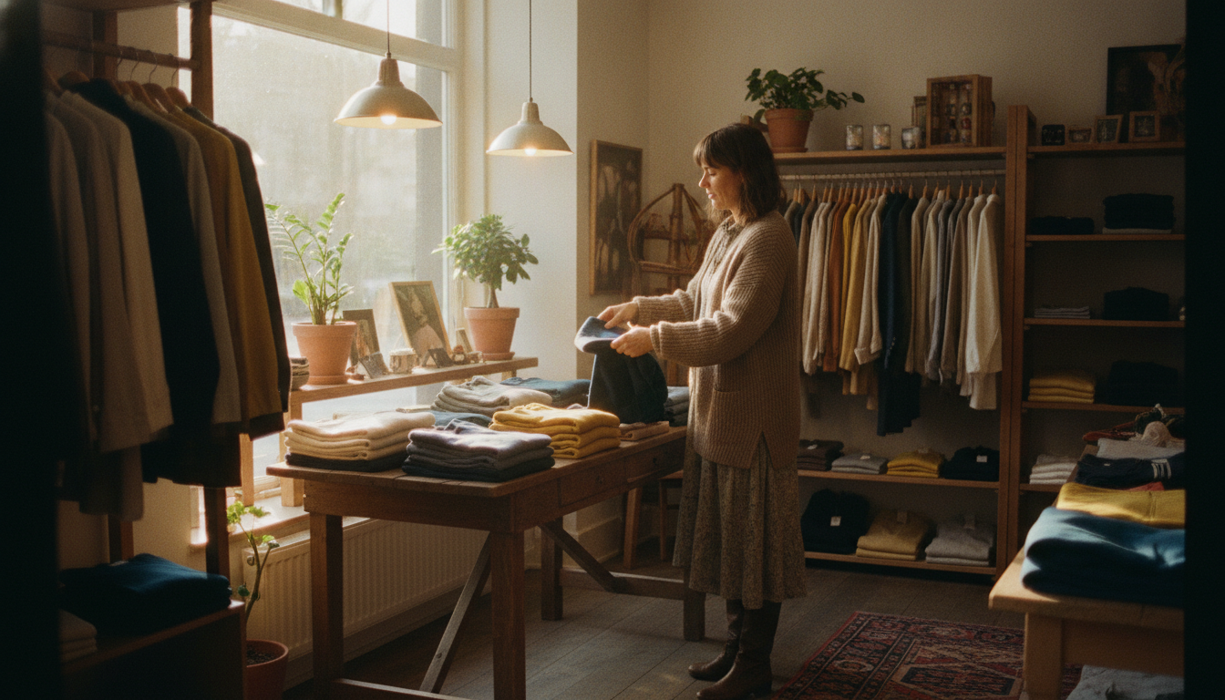 Boutique retail owner organising stock during a quiet afternoon shift