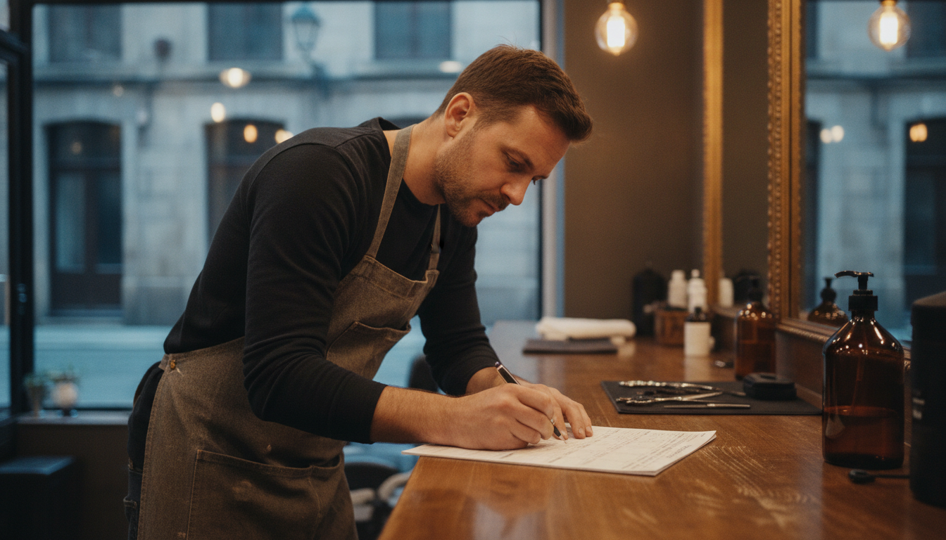A barbershop owner planning his marketing calendar at his counter before the shop opens