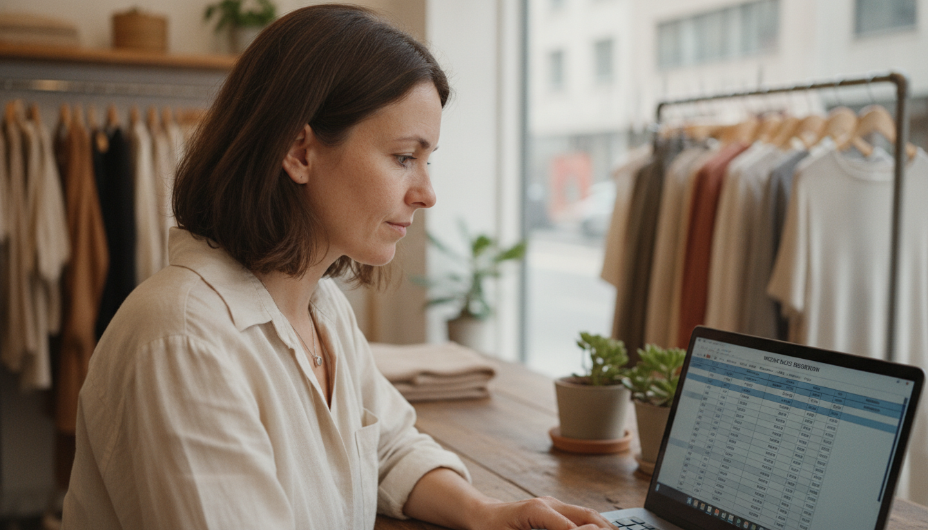 Boutique retail owner reviewing weekly sales data on a laptop in her shop