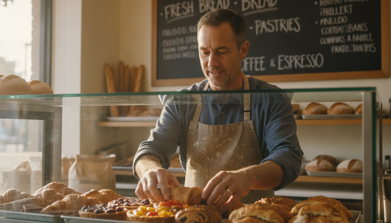 A bakery owner arranging pastries while his handwritten menu is visible behind him
