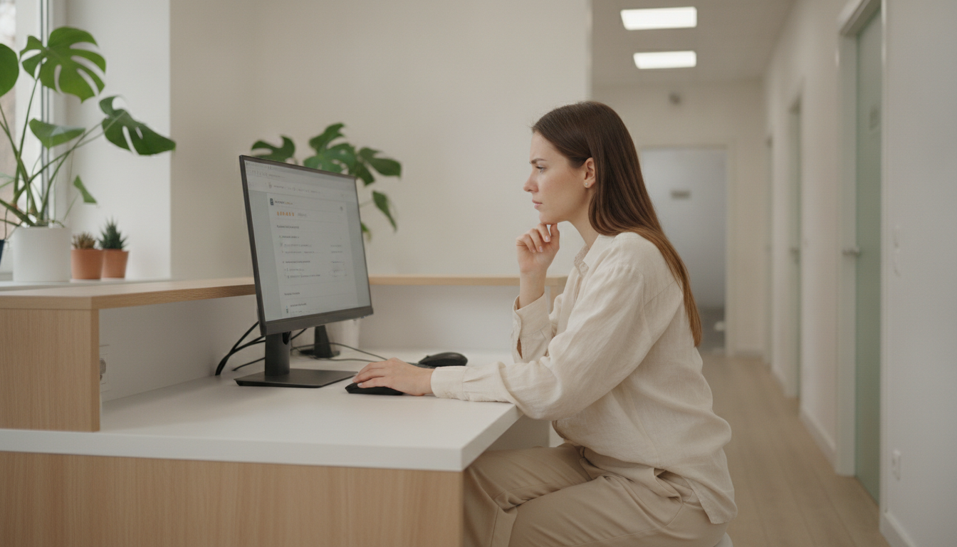 Skincare clinic owner reviewing her Google Business Profile responses at her front desk