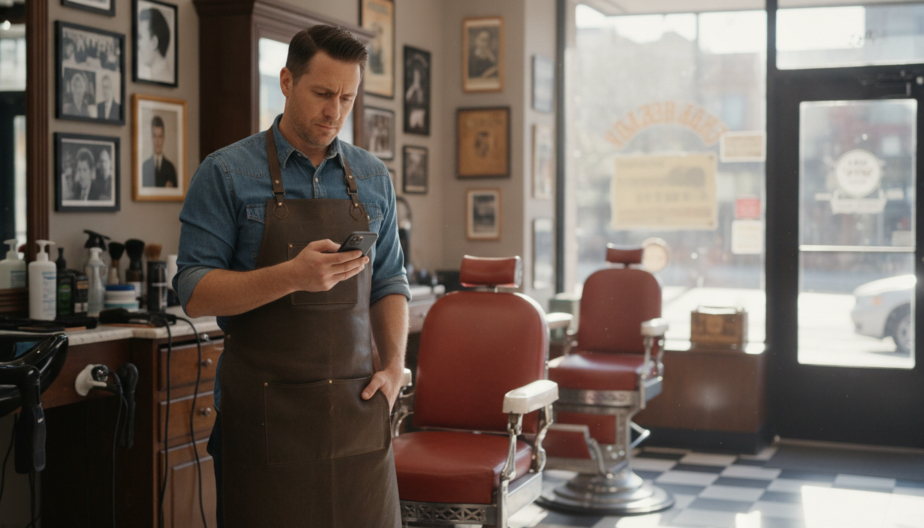 Barbershop owner reviewing social media analytics between appointments