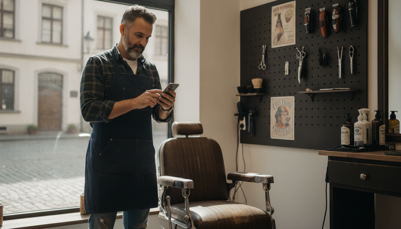 A barbershop owner reviewing social media content on his phone between client appointments