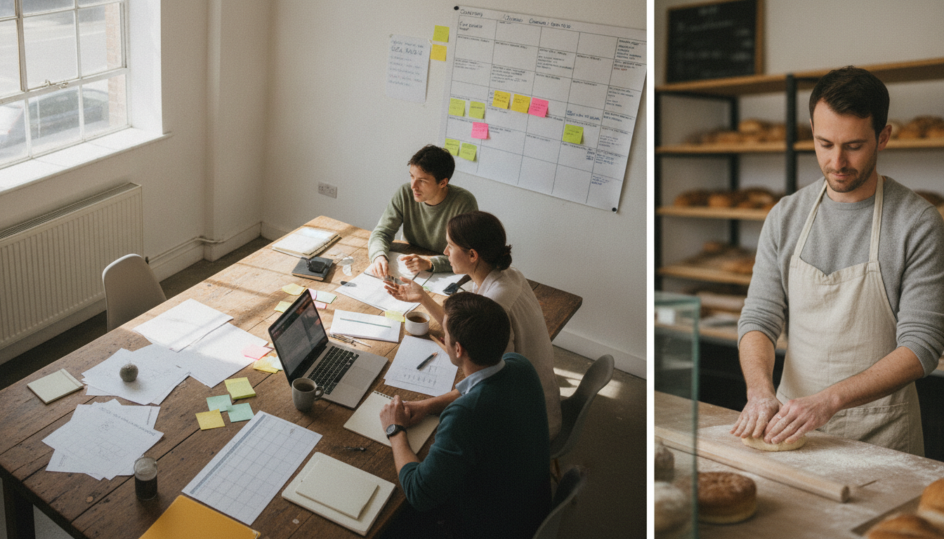 A small marketing team planning campaign content across multiple clients in their studio office