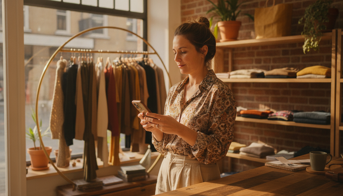 Boutique clothing shop owner reviewing her monthly content plan on her phone behind the counter