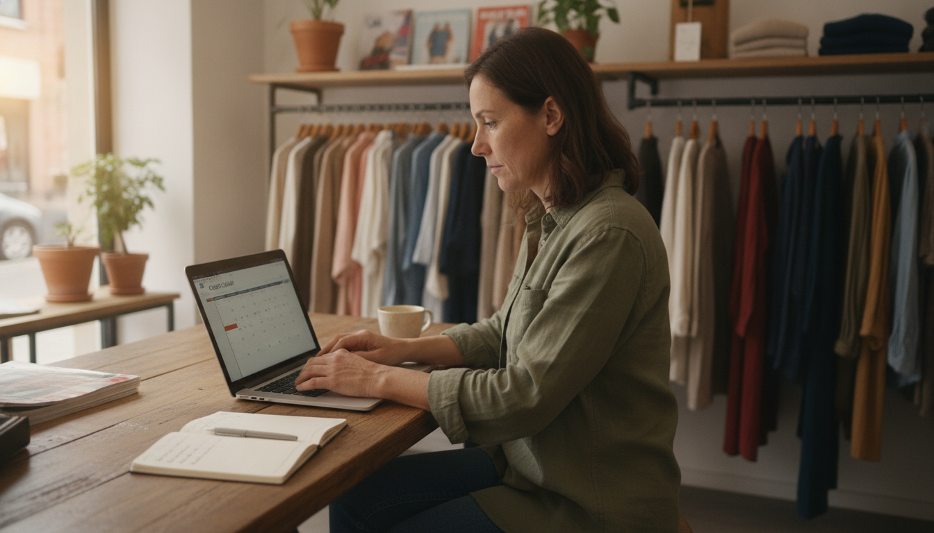 Boutique owner reviewing her scheduled weekly content plan on a laptop