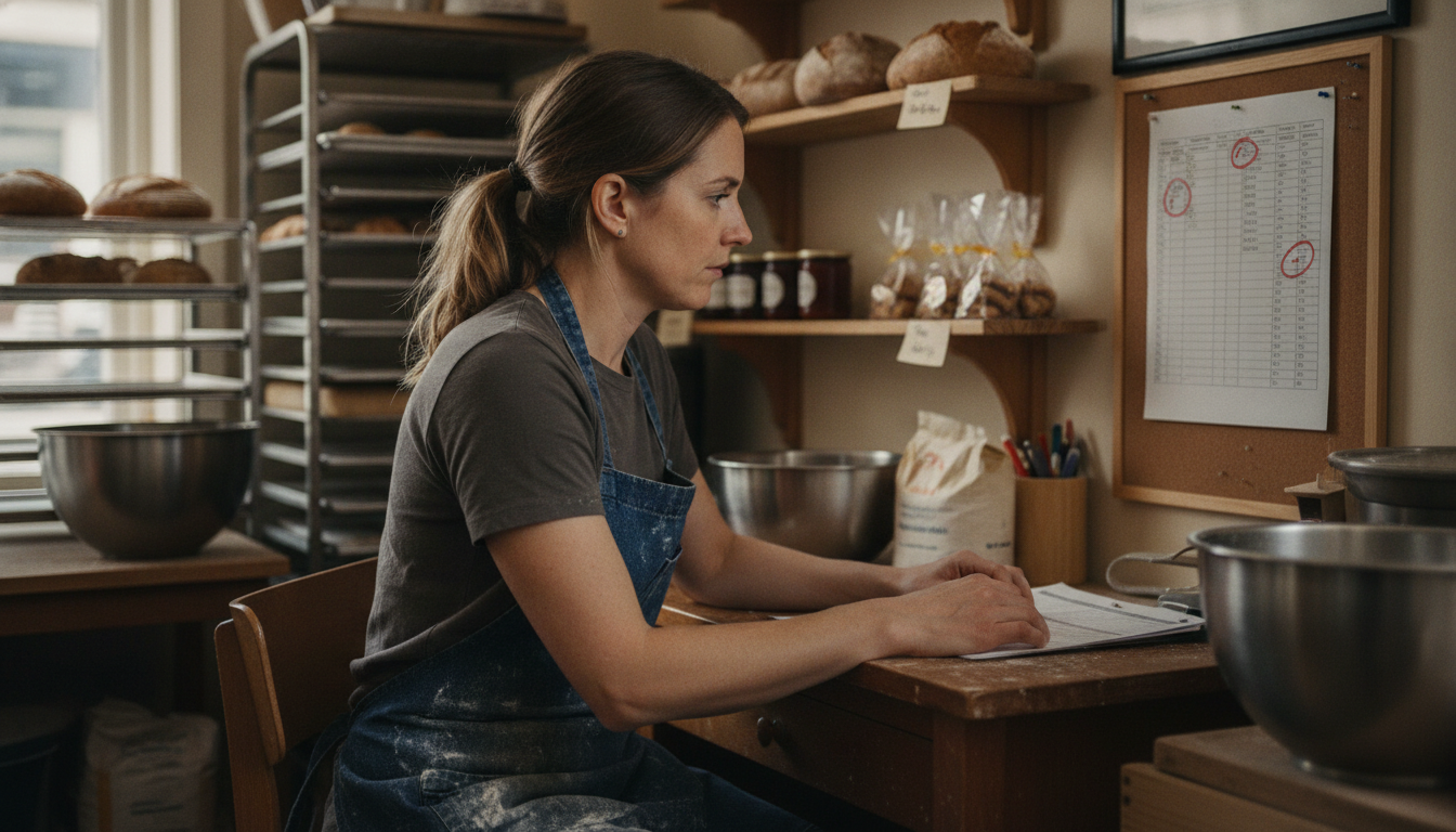 Bakery owner reviewing her weekly sales spreadsheet to identify recurring slow periods