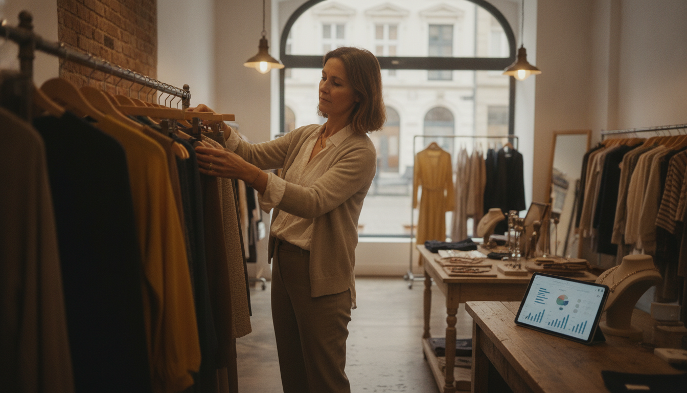 A boutique clothing store owner arranging stock while her marketing dashboard runs in the background