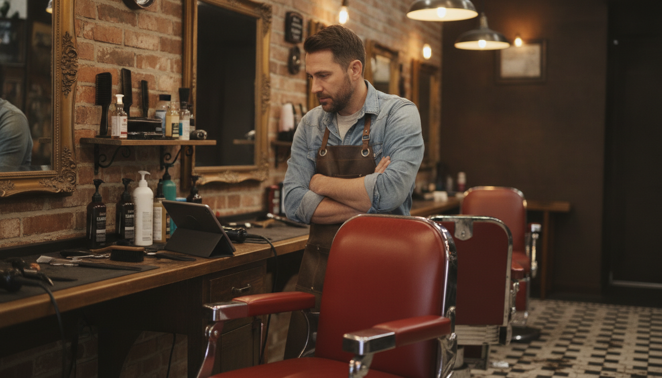 Barbershop owner reviewing his Google Business Profile on a tablet between client appointments