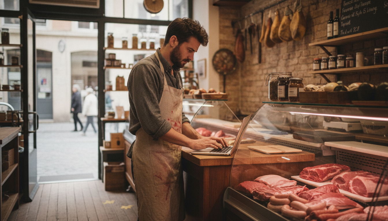 Butcher shop owner reviewing his Google Business Profile on a laptop at the counter