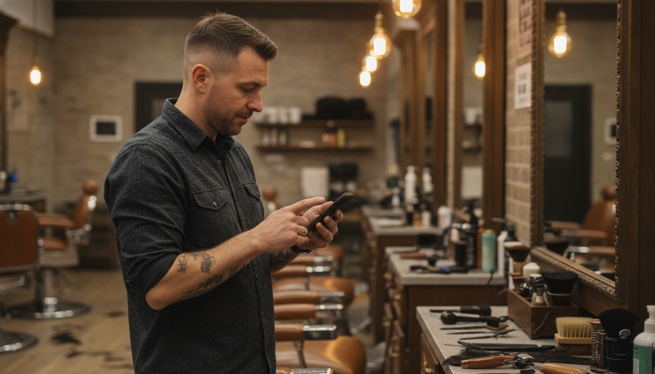 Barbershop owner reviewing customer retention data on his phone between appointments