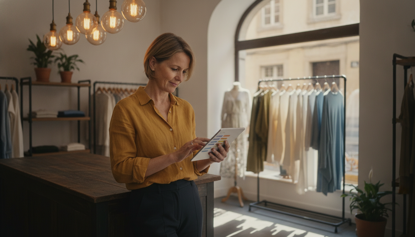 Boutique clothing store owner scheduling her forward marketing campaign on a tablet at her shop counter