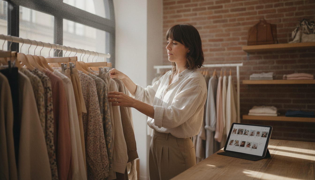 A Paris boutique owner planning her weekly social media content between deliveries
