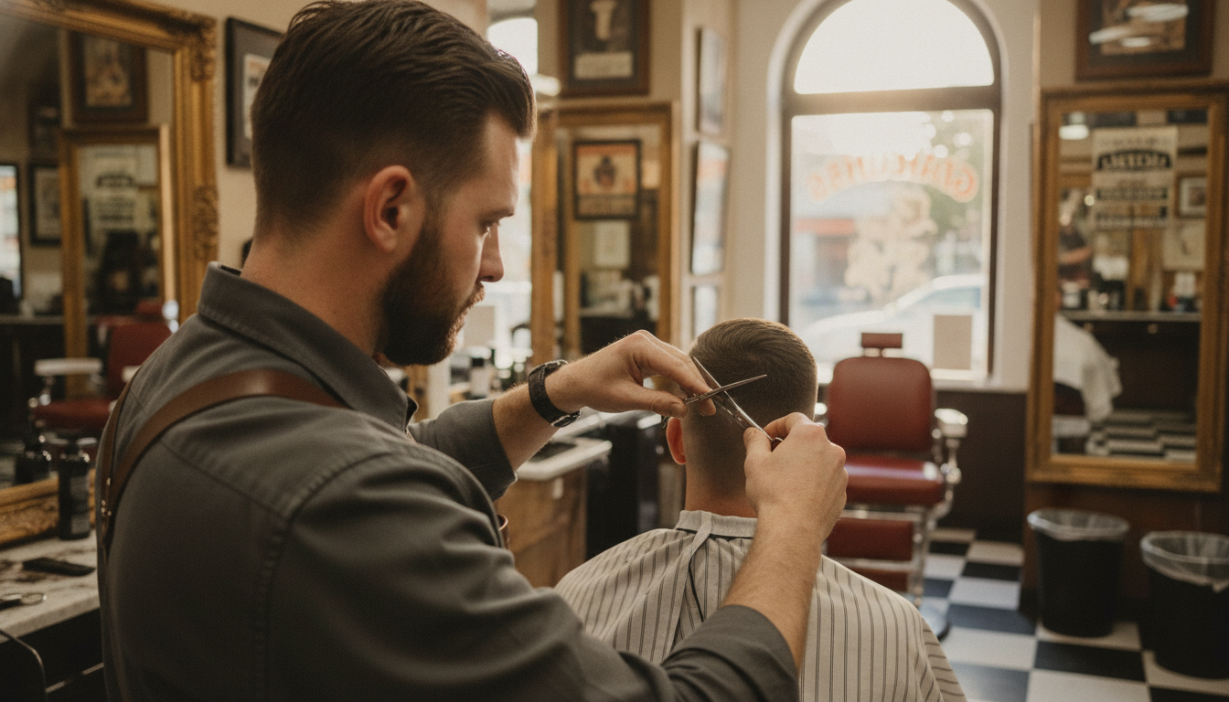 Barbershop owner focused on a client haircut in a classic American barbershop setting