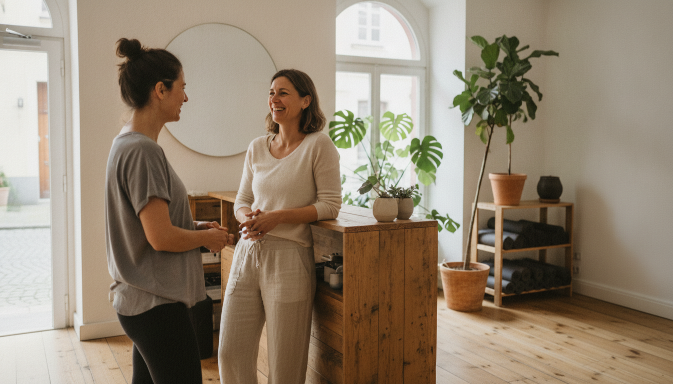 A yoga studio owner welcoming back a returning member at the front desk
