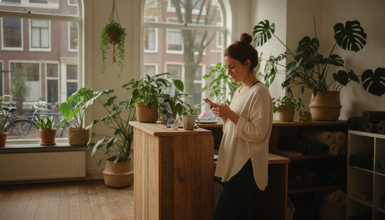A yoga studio owner reviewing her business listing on her phone at the studio reception