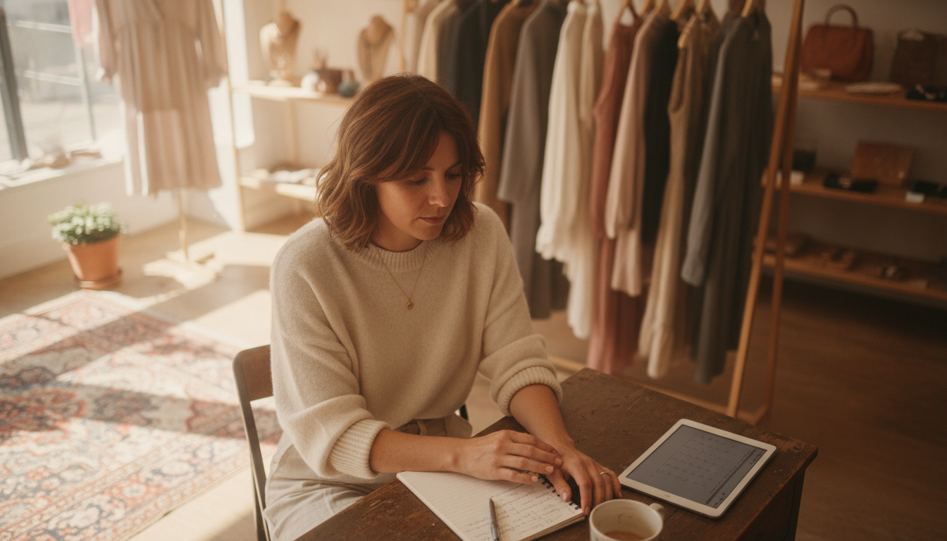A boutique clothing store owner planning her weekly social media content at a desk in her shop