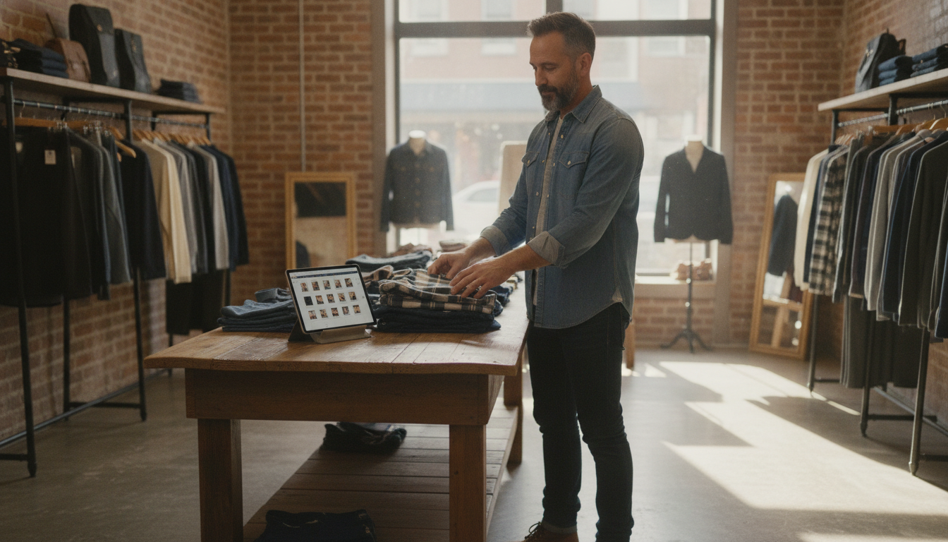 Independent boutique owner managing his social media content schedule between serving customers