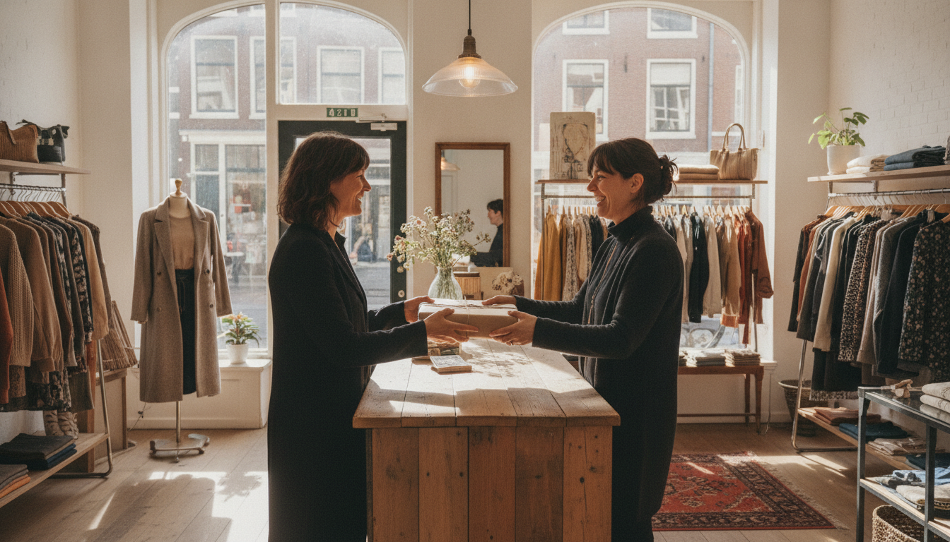 Boutique owner handing a purchase to a returning customer at the counter