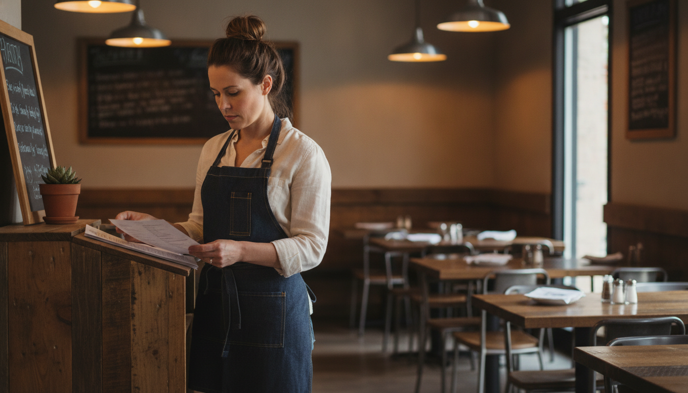 A restaurant owner in Austin reviewing her new set menu format before evening service