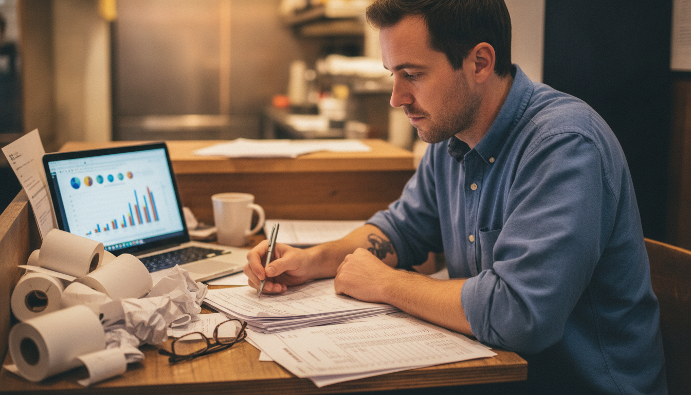 Restaurant owner reviewing transaction data and sales reports at his back-office desk