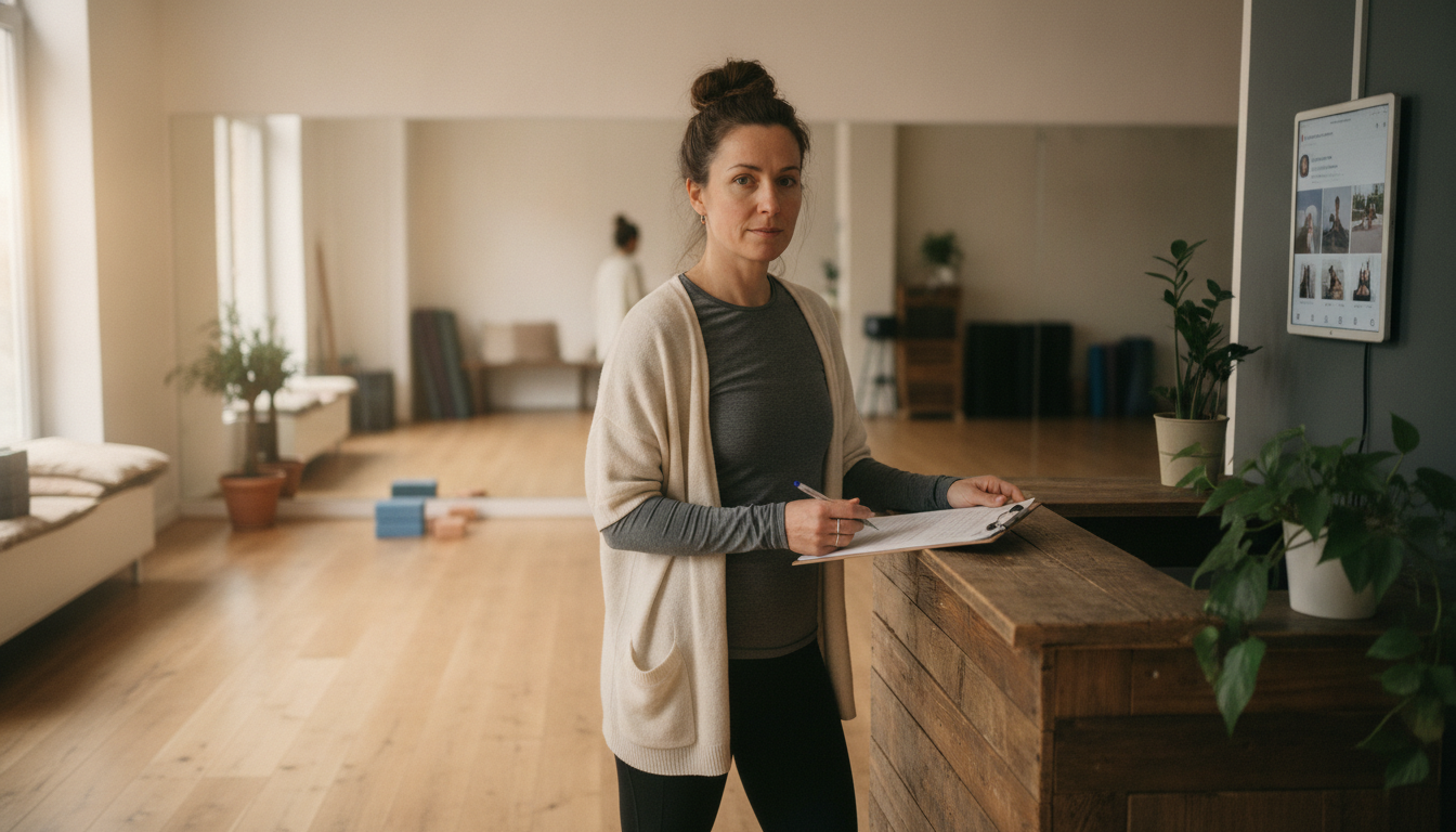 A yoga studio owner reviewing her Instagram profile on a wall-mounted screen at the front desk of her studio