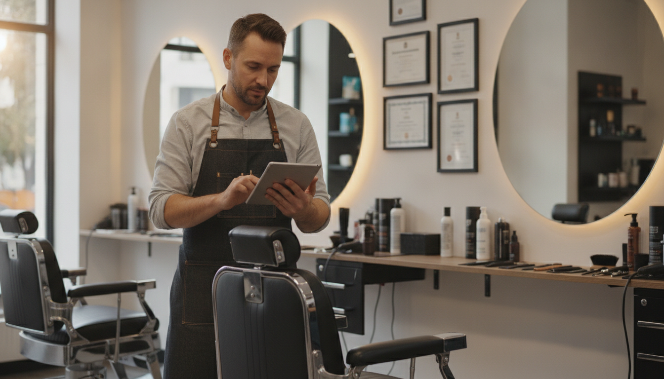 Barbershop owner reviewing past content on a tablet during a quiet moment between clients