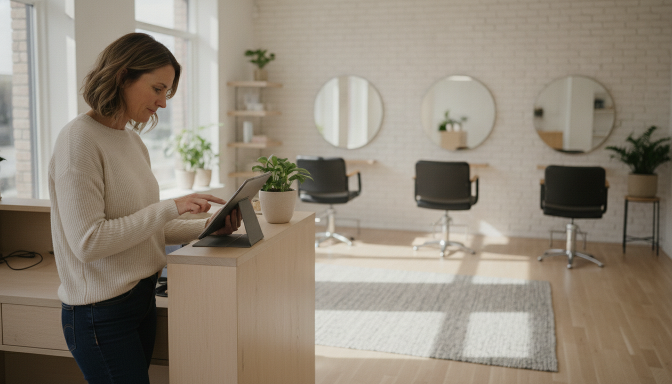 A hair salon owner reviewing her quiet-period marketing plan on a tablet during a slow afternoon shift
