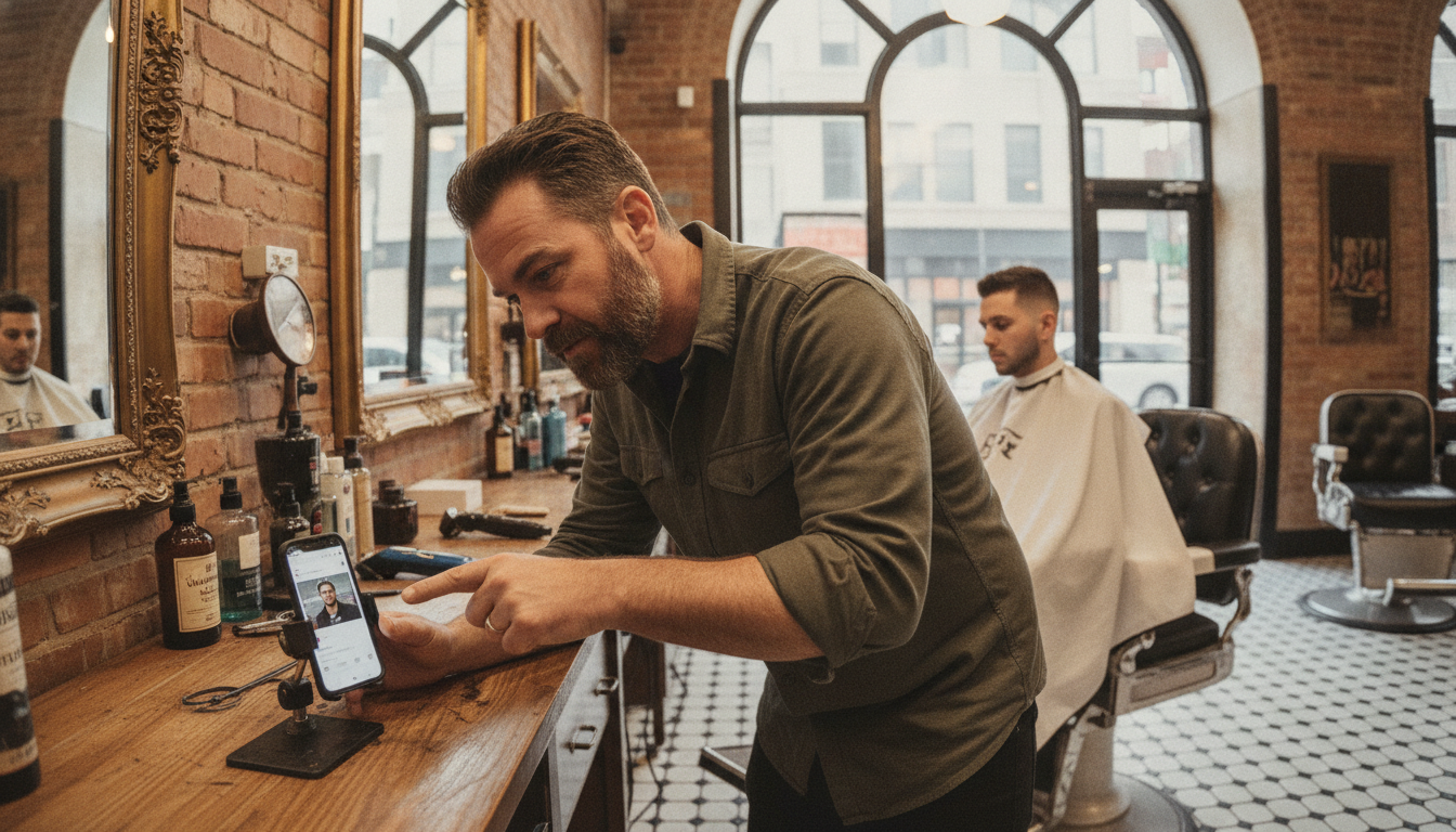 Barbershop owner reviewing his Instagram profile on a phone while a client waits in the chair