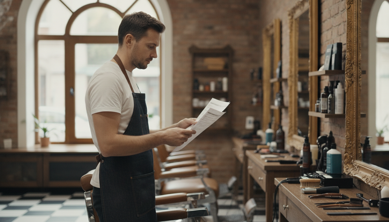 Barbershop owner reviewing his weekly booking data on a quiet Wednesday afternoon