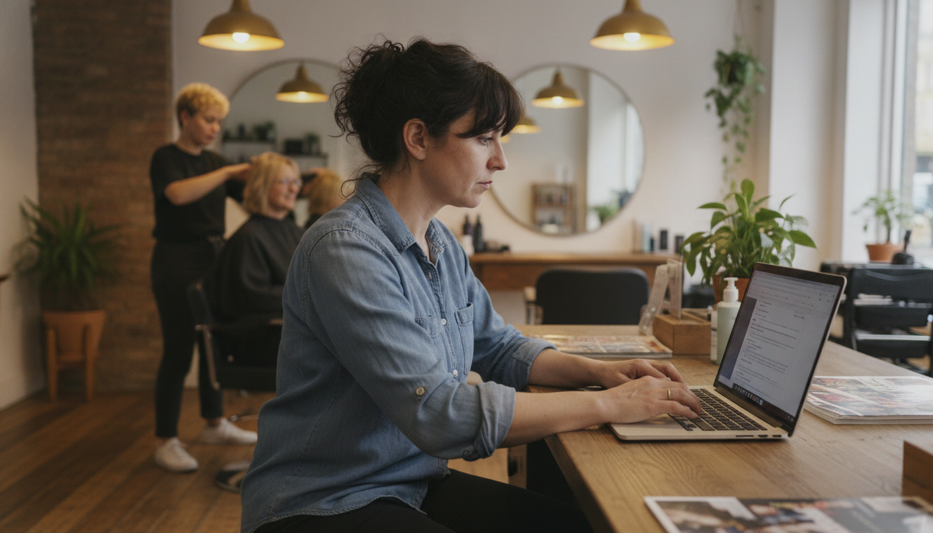 A hair salon owner reviewing and updating her Google Business Profile at the reception desk