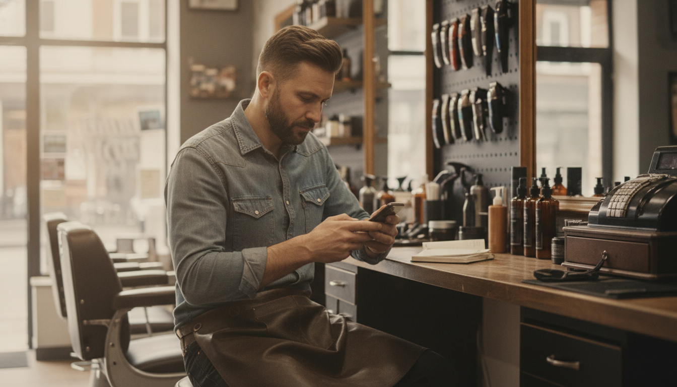 Barbershop owner reviewing an automated marketing message on his phone during a slow afternoon shift