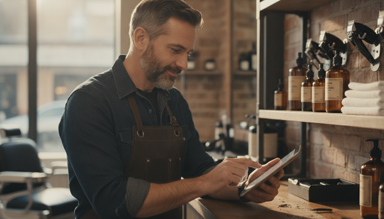 A barbershop owner reviewing his weekly marketing schedule on a tablet between appointments