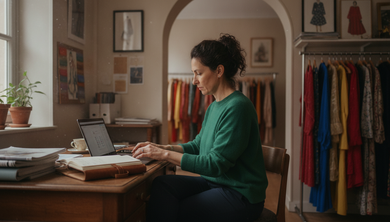 A boutique clothing store owner reviewing customer data on her laptop in her back office